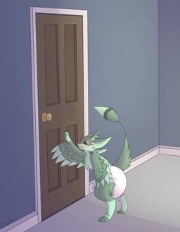 3_fingers abdl anthro black_eyes blush diaper door door_handle doorknob eyebrows feathers fingers fur green_body green_eyebrows green_feathers green_fur inside male reaching short solo standing tail text winged_arms wings qoat levi_(fatcat4t4) avali 2023 artist_name hi_res
