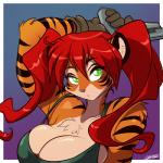 anthro big_breasts black_stripes breasts chest_tuft clothed clothing female fur green_eyes hair huge_breasts long_hair looking_at_viewer markings multicolored_body multicolored_fur orange_body orange_fur red_hair shirt solo stripes topwear tuft two_tone_body two_tone_fur white_body white_fur chalo las_lindas sandy_(las_lindas) felid mammal pantherine tiger 1:1