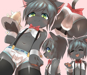 3_fingers :3 :d absolute_territory accessory anthro bangs black_body black_claws black_clothing black_fur black_legwear black_nose black_tail blush bow_(feature) bow_accessory bow_ribbon bow_tie boxer_briefs bulge butt cheek_tuft claws clothed clothing collared_shirt container crop_top cuff_(restraint) cup cute_fangs dress_shirt eyebrow_through_hair eyebrows eyes_closed facial_tuft fangs femboy fingers front_view fur furgonomics glistening green_eyes hair hair_between_eyes holding_object holding_plate inner_ear_fluff kemono legwear looking_aside looking_away low-angle_view male midriff mouth_closed multiple_angles navel neck_tuft open_mouth pawpads pink_background plate platter pockets red_pawpads red_tongue restraints ribbons shirt shota side_view simple_background sleeveless_clothing sleeveless_shirt smile solo spread_legs spreading suspenders tail tail_accessory tail_bow tail_ribbon tea_cup teapot teeth thigh_highs thin_tail tongue topwear translucent translucent_hair tuft underwear waiter whiskers white_clothing white_shirt white_topwear wrist_cuffs young nukochi aquatic domestic_cat felid feline felis fish mammal digital_media_(artwork) portrait three-quarter_portrait