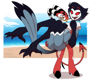 anthro beach carrying_another clothing crop_top duo femboy male male/male shirt size_difference topwear zimakum hellaverse helluva_boss blitzo_(helluva_boss) stolas_(helluva_boss) avian bird demon imp owl digital_drawing_(artwork) digital_media_(artwork) hi_res