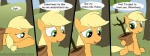 blonde_hair cutie_mark dialogue female feral grass green_eyes hair outside plant plant_pot potted_plant tail text tree wood loceri friendship_is_magic hasbro my_little_pony applejack_(mlp) bloomberg_(mlp) earth_pony equid equine horse mammal pony 2012 comic english_text url