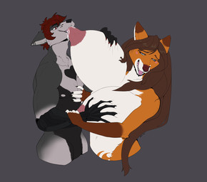 anthro big_breasts black_body black_fur black_nose blue_eyes blush bodily_fluids breast_grab breast_play breast_suck breasts brown_hair duo ear_piercing female fur grey_body grey_fur grey_nipples hair hand_on_breast heart_symbol huge_breasts lactating long_hair male male/female multicolored_body multicolored_fur muscular muscular_male nipple_fetish nipple_play nipple_suck nipples nude orange_body orange_fur piercing pink_nipples prosthetic prosthetic_arm prosthetic_limb red_body red_eyes red_fur red_hair red_nose sharp_teeth standing sucking teeth white_body white_fur necro beca_(romulusdarkwolf) romulus_(romulusdarkwolf) canid canine canis fox mammal red_fox true_fox wolf alternate_version_at_source hi_res
