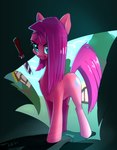 blue_eyes cutie_mark female feral front_view hair hooves knife long_hair pink_body pink_hair quadruped smile solo weapon xbi friendship_is_magic hasbro my_little_pony pinkamena_(mlp) pinkie_pie_(mlp) earth_pony equid equine horse mammal pony 2021 absurd_res hi_res