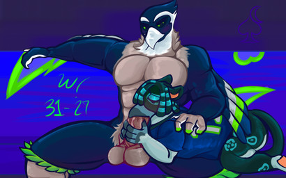 anthro backrub balls beak beak_fetish beak_play beak_sex beakjob bench blue_body blue_feathers blush bodily_fluids clothing dreadlocks drooling duo feathers genitals jersey laid_back leopard_spots lidded_eyes male male/male mascot muscular muscular_male oral oral_penetration penetration penis penis_grab saliva sex shirt sitting spots spread_legs spreading teal_body teal_feathers topwear nightspades mythology nfl seattle_seahawks blitz_the_seahawk rye_(nightspades) avian bird corvid gryphon magpie_(corvid) mythological_avian mythological_creature oscine passerine seahawk colored_line_art hi_res