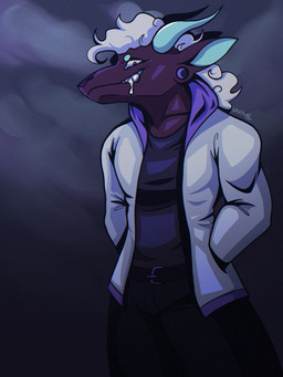 ambiguous_gender anthro belt bodily_fluids brown_eyes circle_eyebrows cloud cloudy_sky curly_hair dark_body drooling ear_piercing eyebrows gauged_ear hair horn piercing saliva sky solo white_hair vaxhunt final_fantasy square_enix behemoth_(final_fantasy) 3:4 hi_res nonbinary_(lore)