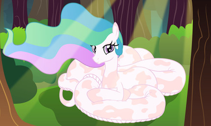 alternate_species apode clearing coiling crossed_legs female forest legless light light_beam looking_at_viewer plant relaxing serpentine smile solo split_form spots sun sunbeam sunlight sunning tree badumsquish friendship_is_magic hasbro my_little_pony princess_celestia_(mlp) draconcopode equid equine horse lamia mammal pony reptile scalie snake absurd_res hi_res