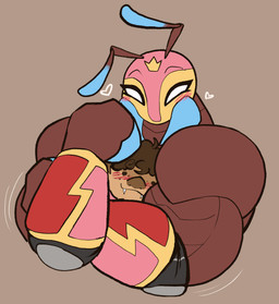 ambiguous_gender antennae_(anatomy) anthro armwear blush blush_lines brown_body brown_eyes brown_fur brown_hair clothing curly_hair dot_eyes duo elbow_pads empty_eyes exoskeleton fangs female flexing freckles fur hair heart_symbol hug lucha_libre_mask mandibles mask motion_lines muscular muscular_female simple_background simple_eyes smile smiling_eyes sports_mask sportswear teeth wearing_mask white_eyes wrestling_mask carameltsi rivals_of_aether la_reina_(rivals_of_aether) ti-ti ant arthropod bat hymenopteran insect mammal colored hi_res