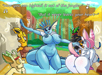anthro anthrofied big_breasts big_butt breasts butt female genitals group heart_symbol huge_breasts lyrics male musical_note musical_symbol navel nipples pokemorph singing symbol tail text tongue vulva water outletdraws disney nintendo pokemon the_jungle_book eeveelution generation_1_pokemon generation_2_pokemon generation_4_pokemon generation_6_pokemon jolteon leafeon pokemon_(species) sylveon umbreon vaporeon digital_media_(artwork) english_text hi_res shaded