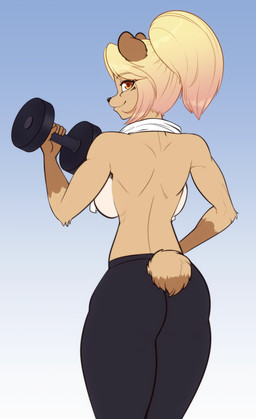 anthro back_boob barbell big_breasts bottomwear breasts butt clothed clothing dumbbell exercise eyebrow_through_hair eyebrows eyelashes female fur gloves_(marking) gradient_hair hair looking_at_viewer markings pants ponytail short_tail smile solo tail tan_body tan_fur topless towel towel_around_neck translucent translucent_hair weightlifting weights workout scorpdk domestic_cat felid feline felis mammal 2026 absurd_res hi_res