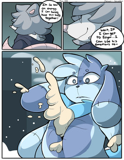 anthro blizzard_(weather) blue_body blue_fur clothing dialogue fluffy fur hoodie male multicolored_body plush_stuffing plushie shocked smile smiling_at_another solo stiching surprised tail text topwear wide_eyed winter spicykiwi bazz_(spicykiwi) edgar_(spicykiwi) american_opossum animate_inanimate canid canine canis domestic_dog living_plushie mammal marsupial virginia_opossum absurd_res comic english_text hi_res story