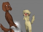 anthro blush duo embarrassed female flashing male tail unknown_artist bittersweet_candy_bowl daisy_(bcb) david_(bcb) canid canine felid mammal 4:3