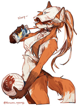 anthro baseball_cap bikini bikini_bottom clothing female fur hair hat headgear headwear male orange_body orange_fur orange_hair shirt simple_background solo swimwear tank_top topwear two-piece_swimsuit white_background noname_myeong jeanne_(noname_myeong) wilson_(cast_away) canid canine fox mammal absurd_res hi_res