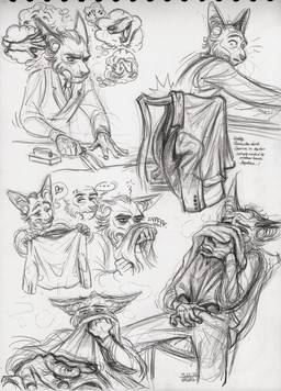 anthro apprentice balding blazer blush bodily_fluids breath chair cheek_tuft cheekbones chin_tuft clothing clothing_theft coat collared_shirt creepy dress_shirt erection erection_under_clothing facial_hair facial_tuft fingernails furniture goatee heart_symbol inner_ear_fluff male masturbation masturbation_through_clothing mature_male nails on_chair receding_hairline scent scent_play shirt sitting sitting_on_chair smile sniffing sniffing_clothes solo stealing sweat sweatdrop tailor text thought_bubble topwear tuft vest jacqal alexander_(jacqal) canid canine canis domestic_cat domestic_dog felid feline felis lykoi mammal 2025 absurd_res english_text hi_res sequence sketch sketch_page