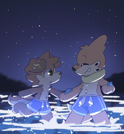 anthro bottomwear brown_body brown_fur clothed clothing duo enjoying fur glowing_water male male/male male_anthro night orange_body orange_fur partially_submerged shorts sky star starry_sky swimming swimming_trunks swimwear topless topless_anthro topless_male water young young_anthro young_male informalscout nintendo pokemon buizel canid canine canis domestic_dog generation_4_pokemon mammal mustelid pokemon_(species) absurd_res hi_res