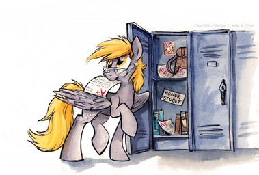 a+ bag blonde_hair book cutie_mark derp_eyes feathered_wings feathers female freckles grey_body grey_feathers hair locker looking_back paper simple_background solo text white_background wings sophiecabra friendship_is_magic hasbro my_little_pony mythology derpy_hooves_(mlp) equid equine mammal mythological_creature mythological_equine pegasus 2014 english_text