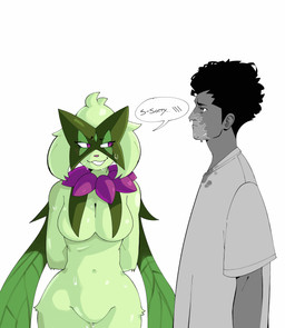 anthro big_breasts black_hair bodily_fluids breast_curtains breasts clothing eyelashes female female_anthro female_on_human fur genital_fluids genitals green_body green_fur grin hair human_on_anthro interspecies male male/female male_human male_on_anthro navel pokephilia shirt simple_background smile standing sweat text topwear vaginal_fluids vaginal_fluids_on_face vulva white_background wide_hips c0cobeanz nintendo pokemon cinderace generation_8_pokemon generation_9_pokemon human mammal meowscarada pokemon_(species) absurd_res english_text hi_res