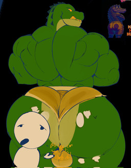 ambiguous_gender angry anthro back_muscles balls_outline big_bulge big_butt big_muscles bulge butt clothed clothing detailed_bulge duo genital_outline green_body green_scales huge_butt looking_at_viewer looking_back looking_back_at_viewer male muscular muscular_anthro muscular_male scales sharp_teeth simple_background teeth thick_thighs underwear underwear_only freeposers_(artist) crocodilian human mammal reptile scalie hi_res
