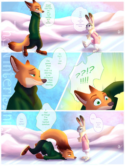 anthro bottomwear cheek_tuft clothing coat color_coded color_coded_speech_bubble color_coded_text conjoined_speech_bubble dialogue dipstick_tail duo ellipsis exclamation_point eye_contact facial_tuft fluffy fluffy_tail footwear fur grey_body grey_fur hand_in_pocket head_tuft ice ice_skates ice_skating interrobang looking_at_another markings multicolored_tail name_drop name_in_dialogue orange_body orange_fur page_number pants pink_nose pockets pointy_speech_bubble purple_eyes question_mark scut_tail short_tail smile snow speech_bubble tail tail_markings text topwear tuft thewinterbunny disney zootopia judy_hopps nick_wilde canid canine fox lagomorph leporid mammal rabbit red_fox true_fox 3:4 absurd_res comic english_text hi_res