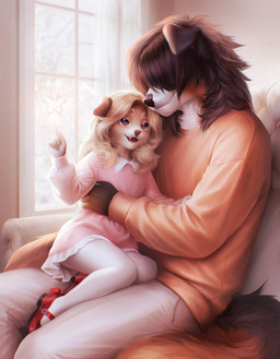 anthro biped bottomwear claws clothed clothed_anthro clothed_female clothed_male clothing duo female fingers footwear front_view fully_clothed fully_clothed_anthro fully_clothed_female fully_clothed_male fur hair inside male shoes sitting smile tail teeth tongue topwear window young young_anthro young_female rrrs canid canine canis domestic_dog mammal 2026 digital_drawing_(artwork) digital_media_(artwork) hi_res