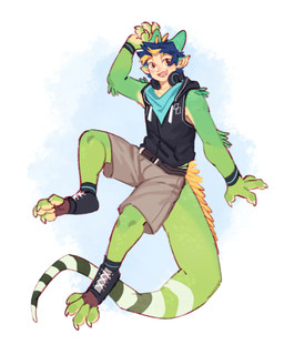 black_clothing black_topwear blonde_hair blue_body blue_hair blue_kerchief blue_neckerchief bottomwear brown_bottomwear brown_clothing brown_pants clothed clothing electronics front_view glistening glistening_eyes green_ears green_tail hair happy headphones headphones_around_neck kerchief male markings neckerchief neckwear open_mouth open_smile pants pink_tongue short_hair simple_background smile solo striped_markings striped_tail stripes tail tail_markings tan_body tan_skin tongue topwear unsigned yellow_eyes asnnonaka agamy_(asnnonaka) animal_humanoid humanoid scalie scalie_humanoid 4:5 full-length_portrait hi_res portrait