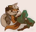 anthro clothed clothing duo feet fur hug hugging_another hugging_from_behind male multicolored_body multicolored_fur muscular muscular_anthro muscular_male tail white_body white_fur pinumontbalou epic_games fortnite fennix_(fortnite) volpez_(fortnite) canid canine fox mammal hi_res brother_(lore) brothers_(lore) sibling_(lore)