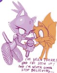 anthro breasts cleavage clothed clothing duo electronics female fishnet_clothing fishnet_legwear forehead_gem gem gloves handwear legwear leotard male microphone singing sleeves text bananagaari sega sonic_the_hedgehog_(series) blaze_the_cat miles_prower canid canine domestic_cat felid feline felis fox mammal english_text