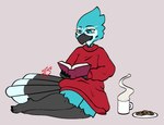 anthro book clothed clothing container cookie cup feathers female food leg_markings markings socks_(marking) solo teal_body teal_feathers sumisune saphire_(sporefox) avian bird blue_jay corvid jay_(bird) new_world_jay oscine passerine