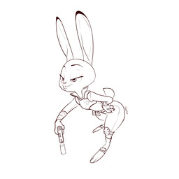 3_toes 4_fingers anthro badge clothed clothing dipstick_ears duo ear_markings feet female fingers fur gun half-closed_eyes hand_on_hip holding_gun holding_object holding_ranged_weapon holding_weapon markings multicolored_ears narrowed_eyes police police_uniform ranged_weapon simple_background solo toes tongue tongue_out uniform weapon white_background wide_hips lsw249 disney zootopia judy_hopps lagomorph leporid mammal rabbit 1:1 2016 absurd_res aliasing digital_media_(artwork) hi_res line_art signature