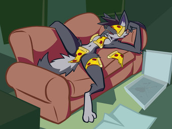 anthro black_hair breasts convenient_censorship female fluffy fluffy_tail food food_on_body food_on_breasts food_on_face food_on_pussy fur furniture grey_body grey_fur hair nude nude_anthro nude_female pizza sofa solo tail aygee allegro_(runicknight) canid canine canis mammal wolf 2025 4:3