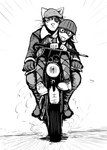 anthro argyle_(pattern) armor duo female headgear helmet larger_female male motorcycle size_difference smaller_male vehicle hladilnik cat_knight deer_prince deer domestic_cat felid feline felis mammal 2021 greyscale hi_res monochrome