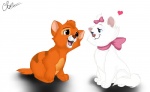 accessory blue_eyes bow_(feature) bow_accessory bow_ribbon duo eyelashes female feral fur hair_accessory hair_bow hair_ribbon heart_symbol male orange_body orange_fur ribbons simple_background sitting white_background white_body white_fur young young_feral svetapalkina disney oliver_and_company the_aristocats marie_(aristocats) oliver_(disney) domestic_cat felid feline felis mammal tabby_cat crossover