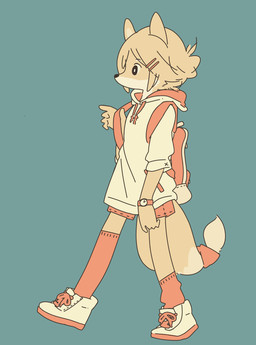 5_fingers accessory aglet ambiguous_gender anthro backpack biped black_eyes blue_background bottomwear clip_accessory clock clothing clothing_cord drawstring drawstring_topwear fingers footwear fur furgonomics hair hair_accessory hairband hairclip hoodie kemono lacing legwear multicolored_body multicolored_fur shoelaces shoes shorts simple_background socks solo string_bow tail tail_accessory tail_clothing tail_warmer tan_body tan_fur tan_hair tied_string topwear two_tone_body two_tone_fur walking watch white_body white_fur wristwatch young young_anthro yagi_the_goat canid canine fox mammal