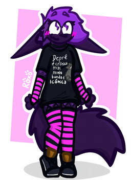 anthro arm_warmers armwear big_ears big_tail black_clothing black_shirt black_t-shirt black_topwear blush blush_lines bottomwear clothed clothing eye_through_hair eyelashes femboy fishnet_clothing fishnet_legwear footwear fur geometric_background hair legs_together legwear male panties pantsless pattern_arm_warmers pattern_armwear pattern_bottomwear pattern_clothing pattern_legwear pattern_panties pattern_thigh_highs pattern_underwear pink_clothing purple_body purple_fur purple_hair shirt shoes simple_background solo standing striped_arm_warmers striped_armwear striped_clothing striped_legwear striped_thigh_highs stripes t-shirt tail text text_on_clothing text_on_shirt text_on_topwear thigh_highs topwear translucent translucent_hair underwear roxo_(artist) roxo canid canine fennec_fox fox mammal true_fox portuguese_text signature