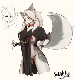 anthro areola breasts camel_toe cigarette clothing collar cross ear_piercing female nipple_piercing nipples panties piercing pubes purple_clothing purple_panties purple_underwear red_sclera smoking smoking_cigarette solo spiked_collar spikes underwear white_eyes sino.ke hellaverse helluva_boss mythology loona_(helluva_boss) canid canid_demon canine demon hellhound mammal mythological_canine mythological_creature absurd_res hi_res