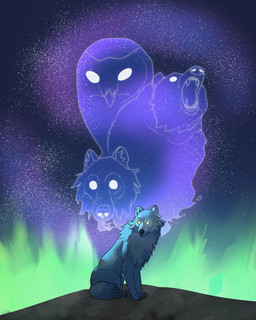 ambiguous_gender aurora_(phenomenon) feral finnoula fluffy glowing glowing_eyes group night rictal_bristles roaring rock sitting sitting_on_ground solo star translucent translucent_body angsttronaut wolves_of_the_beyond eo_(wotb) faolan_macduncan fengo_(wotb) avian bear bird canid canine canis dire_wolf horned_owl mammal owl prehistoric_species snowy_owl spirit true_owl wolf 2020 4:5