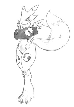 3_fingers ambiguous_gender anthro arm_tuft armwear black_claws black_nose blush bridal_gauntlets chest_tuft claws clothed clothed/nude clothing countershading crossed_arms curvy_figure double_tomoe embarrassed eyebrows fingers long_ears long_tail looking_down navel neck_tuft nude pose shoulder_tuft shy simple_background slim solo standing tail thick_thighs tomoe_(symbol) tuft white_background white_body white_countershading wide_hips yin_yang leisure_bug bandai_namco digimon canid digimon_(species) mammal renamon hi_res monochrome shaded