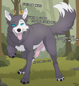 animal_genitalia animal_penis balls bodily_fluids canine_genitalia canine_penis erection feral fur genital_fluids genitals hypnosis knot looking_at_viewer male mind_control nude open_mouth penis simple_background smile solo standing tail text tongue tongue_out whyvern canid canine canis domestic_dog mammal 2026 absurd_res digital_drawing_(artwork) digital_media_(artwork) english_text hi_res