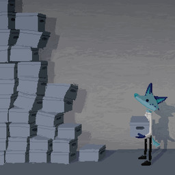 anthro black_bottomwear black_clothing black_pants blue_body blue_fur bottomwear box clothing container fur holding_box holding_container holding_object male pants shirt solo toony topwear white_clothing white_shirt white_topwear demensa emil_(demensa) canid canine canis coyote domestic_dog mammal 1:1 2025 digital_media_(artwork) hi_res pixel_(artwork)