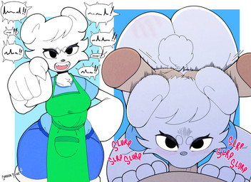 anthro apron big_butt blush blush_lines butt clothing duo exclamation_point female fur gesture green_apron green_clothing hand_gesture hand_on_head looking_at_viewer male male/female motion_lines musical_symbol oral oral_penetration penetration pointing simple_background slap_mark speech_bubble symbol text white_body white_fur surrealtone bo_(surrealtone) bear humanoid mammal absurd_res artist_name hi_res