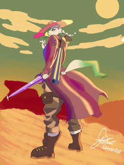 anthro anthrofied boots braided_hair cigarette clothing coat cowgirl_outfit footwear gun hair melee_weapon pouch_(clothing) ranged_weapon shoes solo sword tail topwear weapon xxgsc0113xx nintendo pokemon malon_(gammainks) eeveelution generation_4_pokemon leafeon pokemon_(species) 2026 3:4 dated digital_media_(artwork) hi_res signature