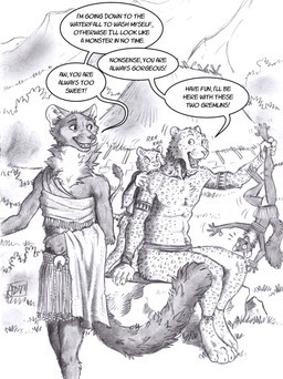 anthro biped bite biting_another bottomwear bracelet clothing dialogue digitigrade female fluffy fluffy_tail group hut jewelry leopard_spots lifting_another loincloth male neck_fluf open_mouth open_smile paws romantic romantic_couple sitting skirt smile smiling_at_another speech_bubble spots standing stone_age tail tail_tuft text tuft young young_anthro 0laffson cave_lion felid gulonine mammal marten mustelid musteline pantherine pine_marten prehistoric_species 2026 comic english_text greyscale hi_res monochrome traditional_media_(artwork)