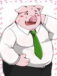 anthro belly big_belly blush bottomwear clothing heart_symbol kemono male necktie open_mouth overweight overweight_male pants pink_body shirt simple_background solo topwear white_background snow_utamaru domestic_pig mammal suid suina sus_(pig) 2024 3:4 digital_drawing_(artwork) digital_media_(artwork) hi_res