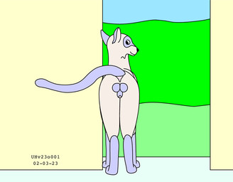 animal_genitalia anus balls blue_sky butt doorway feral fur genitals grass green_grass in_doorway long_tail looking_at_viewer looking_back looking_back_at_viewer male nude_male pink_anus plant presenting presenting_hindquarters purple_balls purple_body purple_fur sheath sky smile smiling_at_viewer solo tail urbanhermit domestic_cat felid feline felis mammal 2002 colored dated