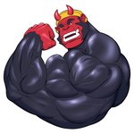 anthro beanie big_muscles black_body black_fur buzzy buzzybub clothing ear_piercing ear_ring fangs fist flexing flexing_bicep fur haplorhine hat headgear headwear horn huge_muscles hyper hyper_muscles male mammal monkey muscular muscular_arms muscular_male piercing primate red_body red_skin ring_piercing solo teeth vein