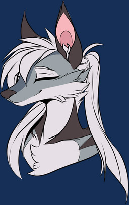 anthro ears_up eyes_closed grey_eyes hair happy long_hair male markings slim smile solo white_hair snowiefeather canid canine canis fox hybrid hyena mammal alpha_channel