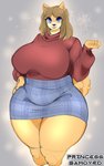 anthro big_breasts blue_eyes bottomwear breasts clothing female hand_on_hip high_waisted_bottomwear huge_breasts mature_anthro mature_female skirt solo text thick_thighs princess_samoyed june_(jinu) canid canine canis domestic_dog mammal absurd_res english_text hi_res