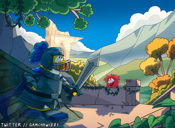 ambiguous_gender anthro armor blue_cape blue_clothing blue_sky breastplate cape clothing cloud day duo feral fur headgear helmet holding_melee_weapon holding_object holding_sword holding_weapon knight male melee_weapon open_mouth outside plant red_body red_fur sky sword text tree warrior weapon yellow_body yellow_skin gamchawizzy club_penguin avian bird penguin puffle artist_name english_text