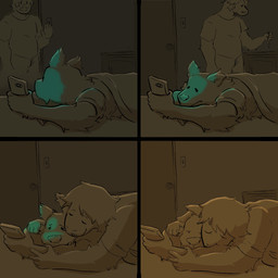 anthro arm_hair bedding blanket body_hair cuddling duo key male male/male on_phone sad screen standing tired funkybirddude_(artist) aquatic canid canine canis humanoid mammal pinniped seal wolf 1:1 comic hi_res