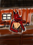 anthro bar belt container cup horn male mug red_body simple_coloring simple_eyes simple_face solo window qopdop dungeons_and_dragons hasbro wizards_of_the_coast kobold scalie 3:4 shaded simple_shading