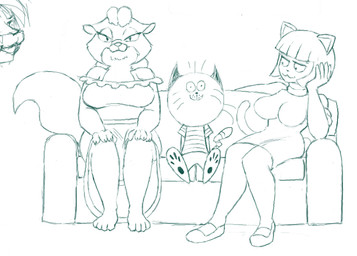 age_difference anthro breasts female fluffy fluffy_tail furniture group half-closed_eyes hands_on_knees hands_on_legs looking_at_another looking_at_viewer male mature_female narrowed_eyes pivoted_ears simple_background sitting size_difference smile sofa tail trio redout an_american_tail don_bluth takena_nagao the_complex_adventures_of_eddie_puss eddie_puss miss_kitty_(an_american_tail) pussycat_(takena_nagao) domestic_cat felid feline felis mammal 2015 monochrome